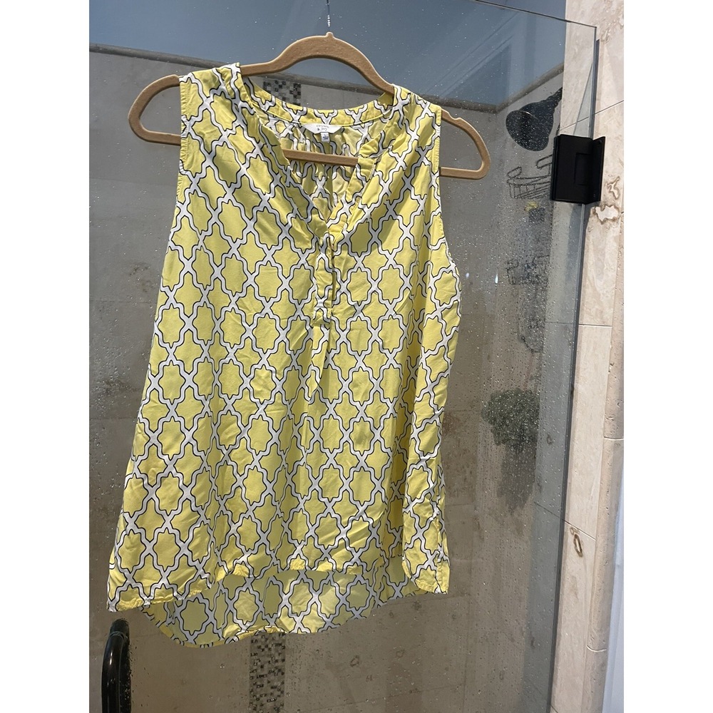 Crown & Ivy Women Yellow White Black Trellis Summer Tank Sleeveless Blouse L